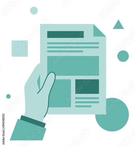 Flat illustration of hand holding document depicting report or newsletter layout for business and content design