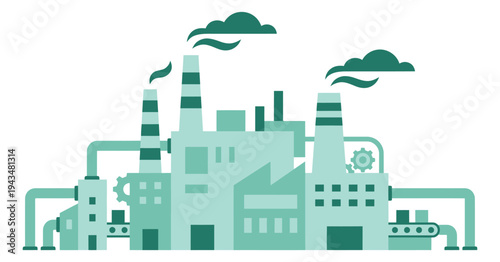 Flat illustration of an industrial factory depicting manufacturing buildings with smokestacks and machinery for business and environmental design