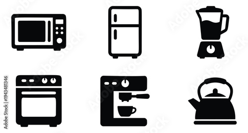 Silhouette icon set of 6 kitchen appliances featuring microwave, refrigerator, blender, oven, coffee maker and kettle for home design
