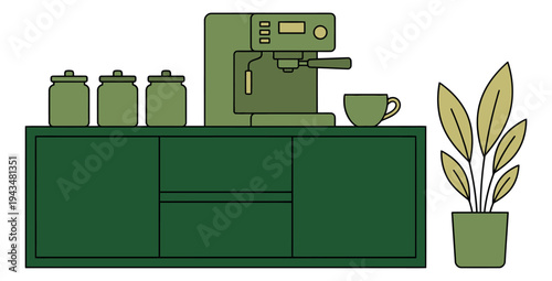 Flat illustration of a kitchen sideboard depicting a coffee machine setup with jars and houseplant for interior design