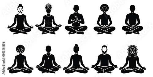 Silhouette icon set of 10 meditation figures featuring diverse people in lotus pose with varied hairstyles for yoga and wellness design