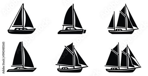 Silhouette icon set of 6 sailboats featuring various vessel types including sloop, schooner and catamaran for nautical design