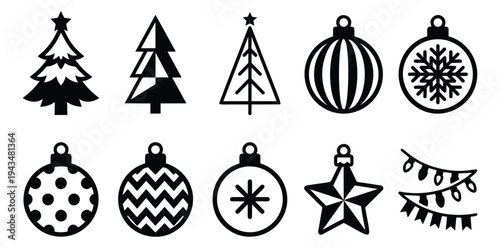 Flat and outline icon set of 10 Christmas symbols featuring trees, ornaments, star and bunting for holiday design