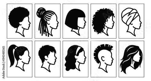 Silhouette and outline icon set of 10 diverse female profile portraits featuring varied hairstyles for beauty and diversity design