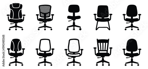 Silhouette icon set of 10 office chairs featuring ergonomic seating designs and swivel styles for business and furniture design