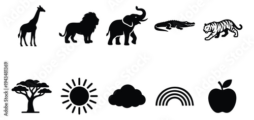 Silhouette icon set of 10 safari and nature symbols featuring African animals, weather and botanical elements for wildlife design