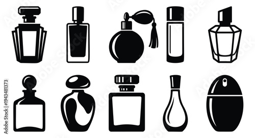 Silhouette icon set of 10 perfume bottles featuring various fragrance flask shapes and atomizers for beauty and cosmetics design