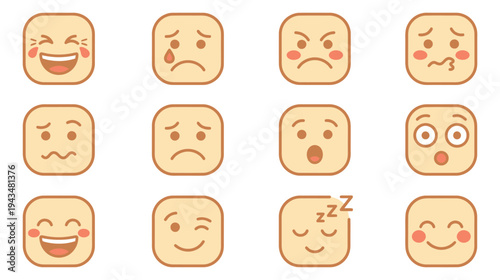 Flat cartoon icon set of 12 emoji faces featuring laughing, sad, angry, surprised and sleepy expressions for ui and social media design