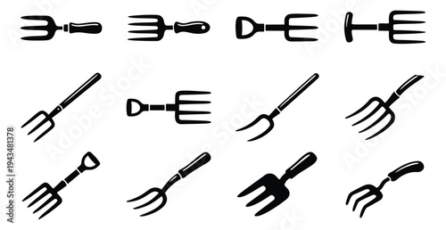 Silhouette icon set of 12 garden forks featuring various pitchfork and hand tool designs for agriculture and gardening