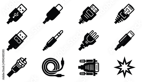 Silhouette icon set of 12 cable connectors featuring USB, audio jack, VGA, RJ45 and power plug types for technology design