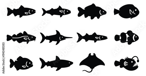 Silhouette icon set of 12 fish species featuring shark, ray, clownfish and anglerfish for marine and wildlife design