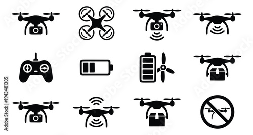 Silhouette icon set of 12 drone symbols featuring quadcopter, delivery, camera, battery, remote control and no fly zone concepts for aviation design