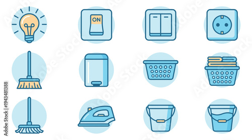Flat icon set of 12 household items featuring cleaning tools, electrical switches and laundry supplies for home design