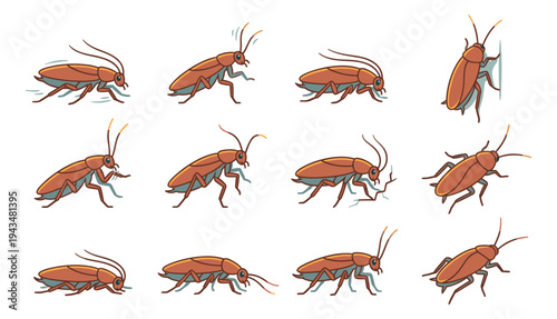 Cartoon icon set of 12 cockroaches featuring various poses and movements for pest control and infestation design