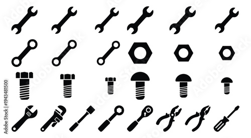 Silhouette icon set of 24 mechanic tools featuring wrenches, bolts, nuts, screwdrivers and pliers for repair and maintenance design