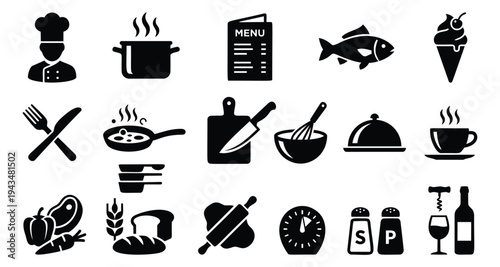 Silhouette icon set of 18 restaurant and cooking symbols featuring chef, kitchen tools, food and beverage elements for culinary design