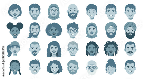 Flat icon set of 24 diverse people avatars featuring men and women of various ethnicities and styles for social and business design