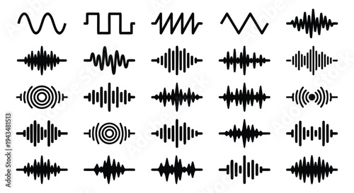 Flat icon set of 20 sound wave symbols featuring audio frequencies, equalizer patterns and signal waveforms for music and technology design