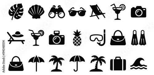 Silhouette icon set of 21 summer vacation symbols featuring beach, travel and tropical elements for holiday design