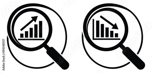 Flat icon set of 2 magnifying glass symbols featuring rising and falling bar chart trends for business analytics design