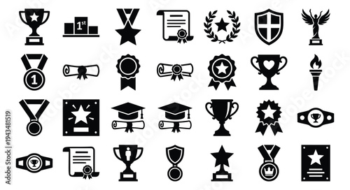 Silhouette icon set of 30 achievement and awards symbols featuring trophies, medals, diplomas and graduation caps for recognition design