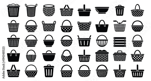 Silhouette icon set of 36 baskets featuring wicker, shopping, laundry and picnic containers for retail and home design
