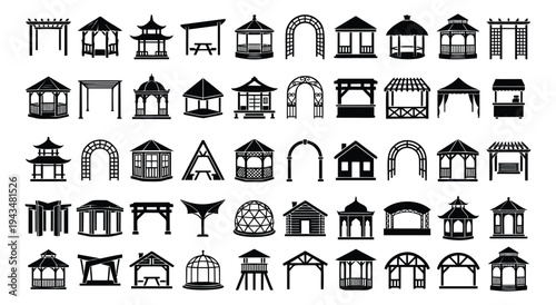 Silhouette icon set of 42 garden structures featuring gazebos, pergolas, arbors and pavilions for landscape and architecture design