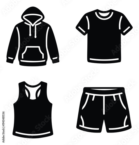 Silhouette icon set of 4 casual clothing items featuring hoodie, t-shirt, tank top and shorts for fashion design