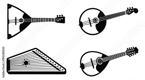 Silhouette icon set of 4 folk string instruments featuring balalaika, mandolin, banjo and zither for music design