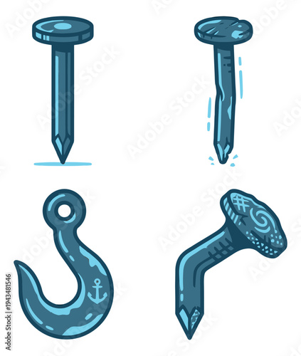 Cartoon icon set of 4 hardware fasteners featuring straight nail, bent nail, fishing hook and curved spike for construction design