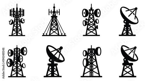 Silhouette icon set of 8 communication towers featuring cell towers and satellite dishes for technology design