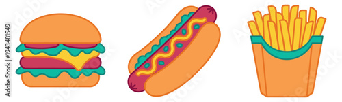 Cartoon icon set of 3 fast food items featuring burger, hot dog and french fries for restaurant and menu design