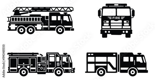 Silhouette icon set of 4 fire trucks featuring ladder truck, front view, pumper and rescue vehicle for emergency services design