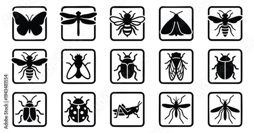 Silhouette icon set of 15 insects featuring butterfly, dragonfly, bee, beetle, ladybug, grasshopper and mosquito for nature design