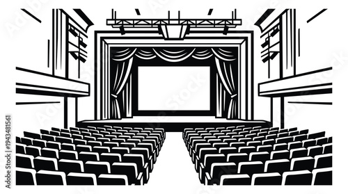 Bold line art illustration of a theater auditorium depicting stage curtains and rows of seats for entertainment design