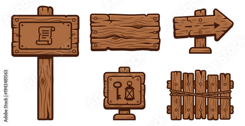 Cartoon set of 5 western wooden signs featuring directional arrow, blank planks, key post and fence bundle for game ui design