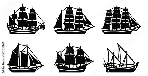 Silhouette icon set of 6 sailing ships featuring historic tall ships, schooners and traditional vessels for nautical design