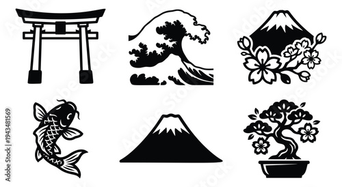 Silhouette icon set of 6 Japanese culture symbols featuring torii gate, wave, Mount Fuji, koi fish, cherry blossom and bonsai tree for Asian design