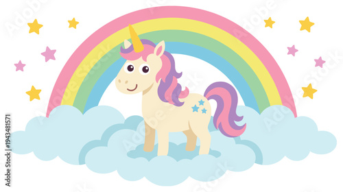 Smiling unicorn standing on clouds under rainbow with sparkling stars