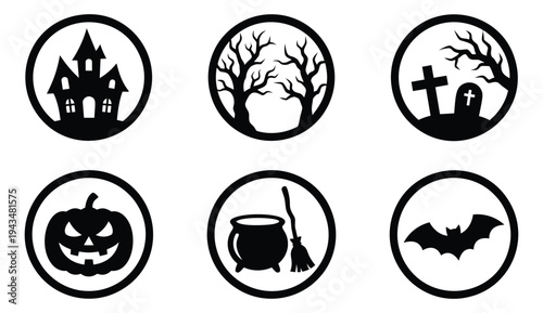 Silhouette icon set of 6 Halloween symbols featuring haunted house, pumpkin, bat, cauldron, graveyard and bare trees for seasonal design