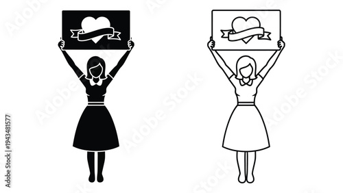 Two cartoon women holding up signs with clouds and airplanes