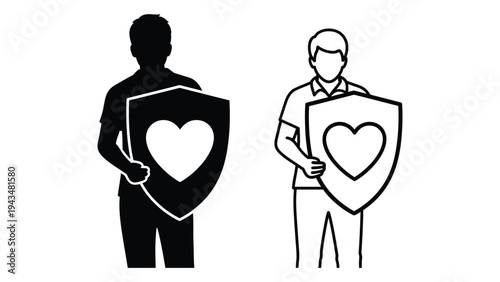 A man holds a shield with a heart on it