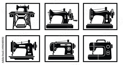 Silhouette icon set of 6 sewing machines featuring vintage treadle, manual and modern electric models for craft and tailoring design