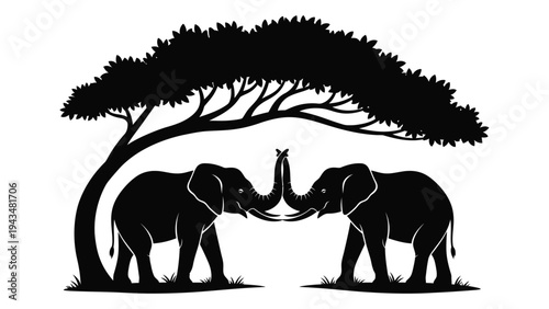 Two elephants touching trunks under a tree