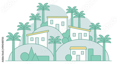 Flat illustration of a tropical hillside village depicting houses and palm trees for real estate and travel design