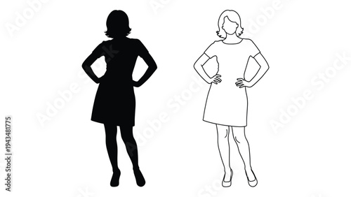 A woman in two poses with her hands on her hips