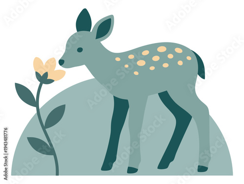 Flat illustration of a baby deer depicting a fawn sniffing a flower for nursery and children design