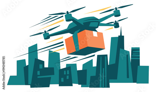 Flat illustration of delivery drone depicting fast package shipping over city skyline for logistics and technology design