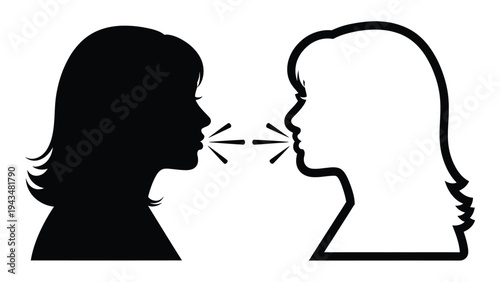 A black and white illustration of two women gossiping