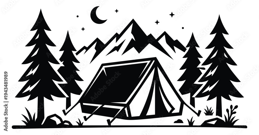 Obraz premium Bold silhouette illustration of camping tent depicting outdoor night scene with mountains and pine trees for adventure and travel design
